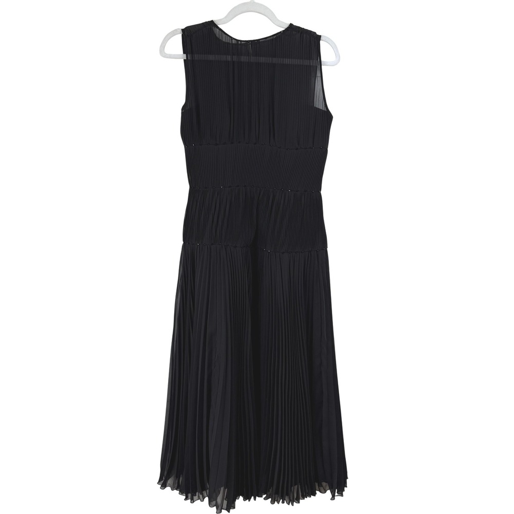 ELISE Black Pleated Midi Dress Sleeveless Sheer Neckline‎ Beaded WOMEN Medium